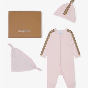 Check Trim Cotton Three-piece Baby Gift Set